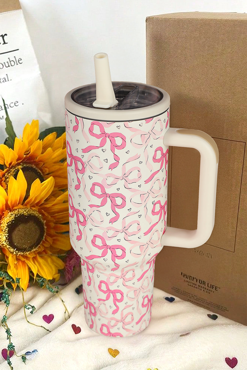 Bright Pink Bow Heart Print Tumbler Cup