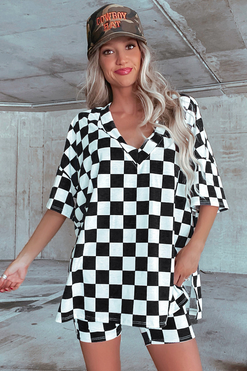 Black Checkerboard Print V Neck Loose Tee and Shorts Lounge Set