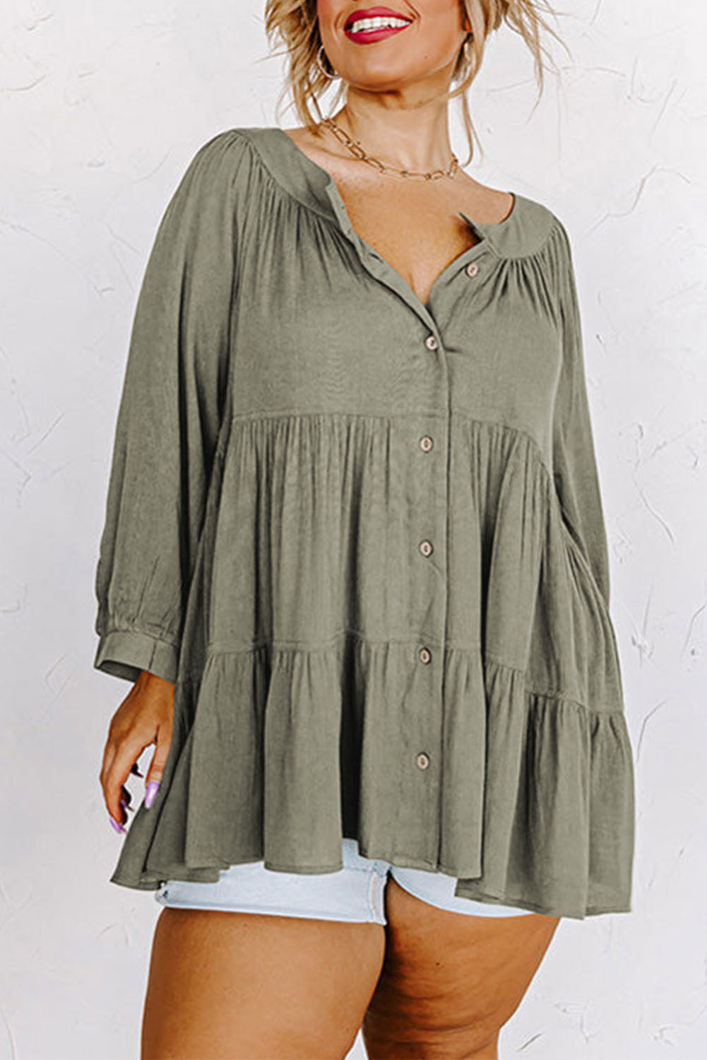 Plus Size Ruffle Tiered Split Neck Shirt