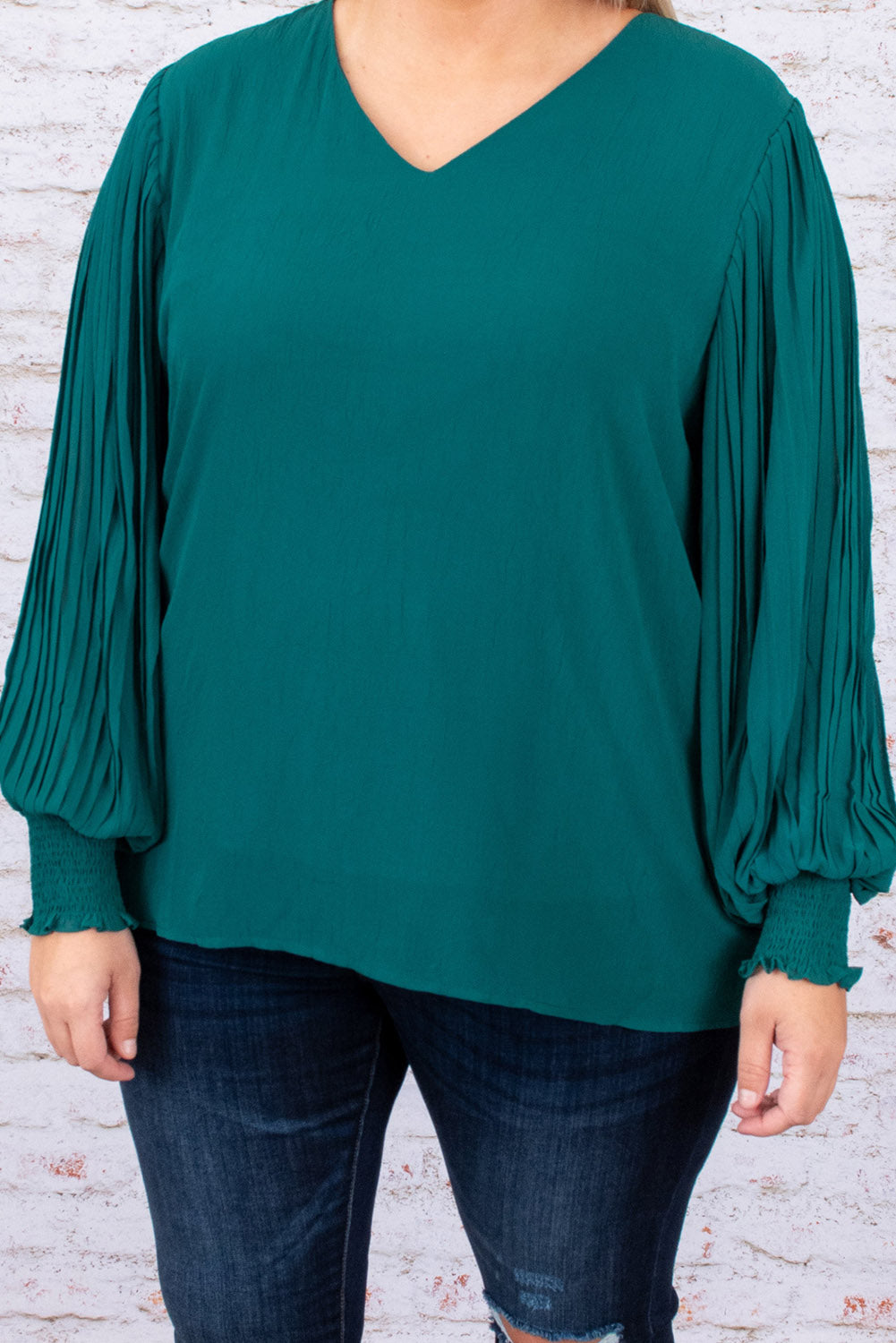 Green Pleated Bubble Sleeve Plus Size Blouse