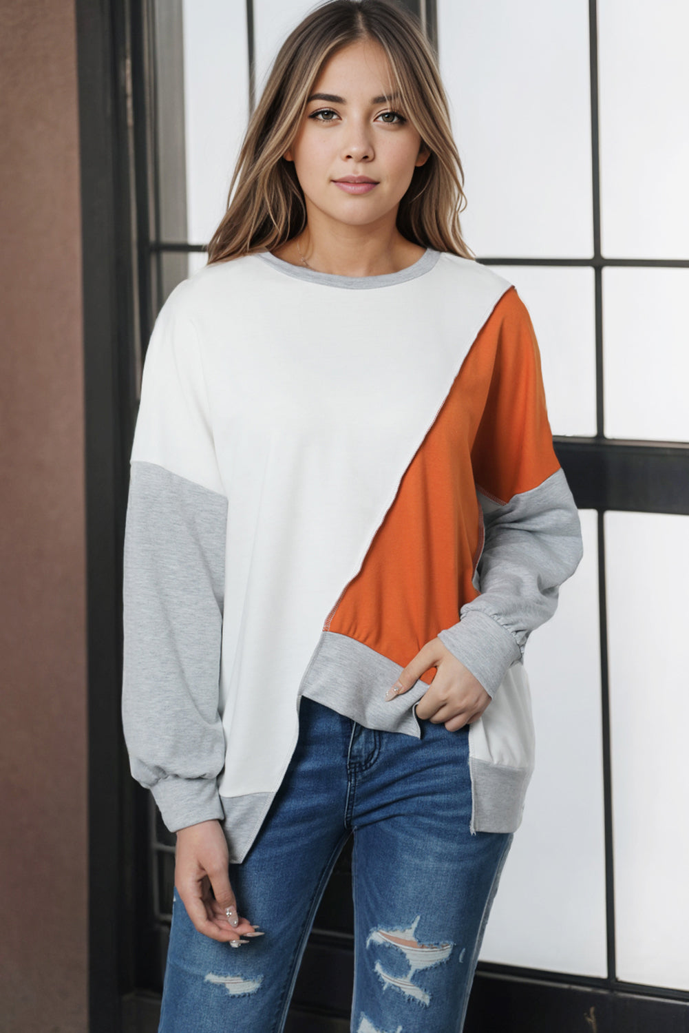 Flaxen Colorblock Stitching Irregular Hem Long Sleeve Top