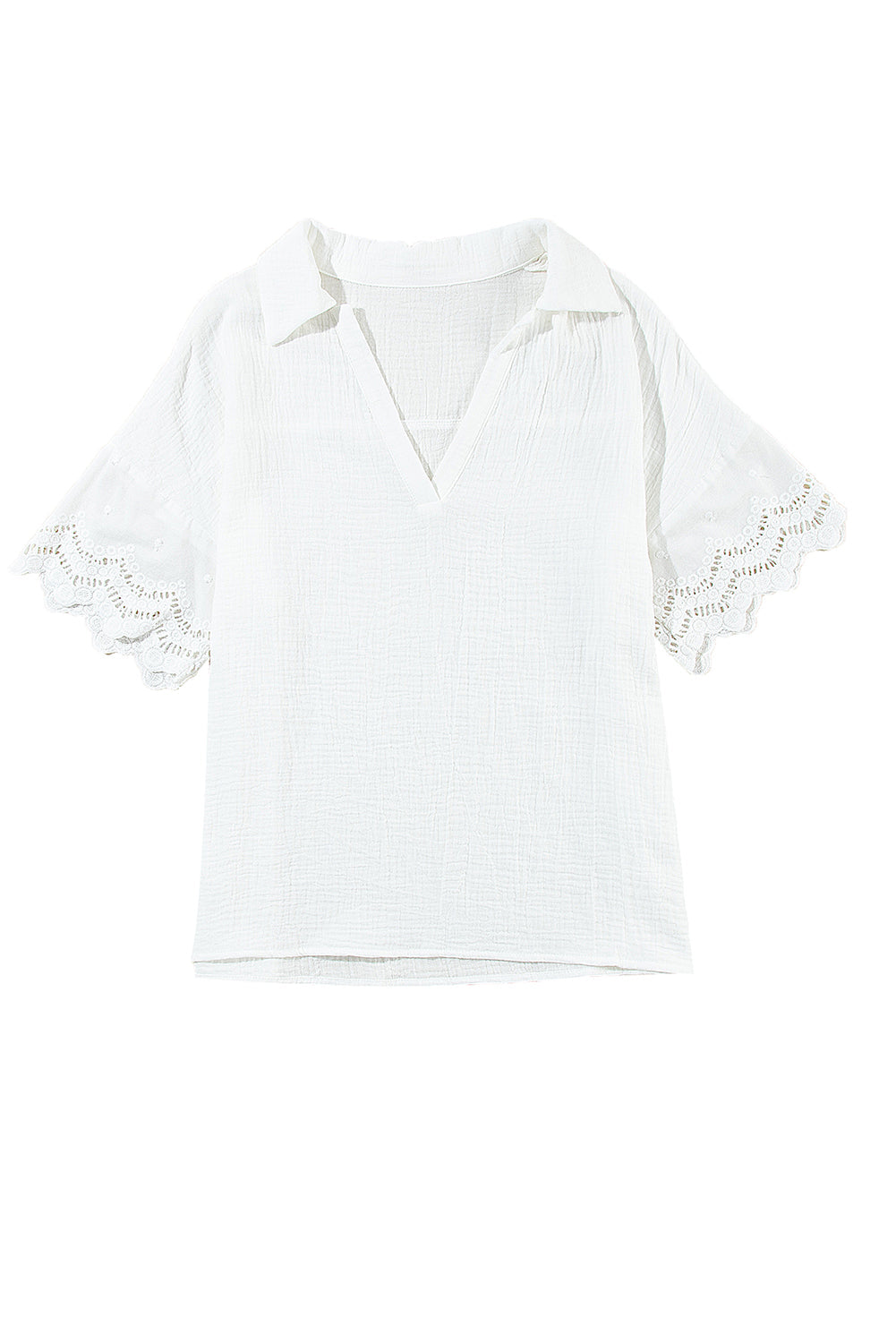 White Crinkled Lace Splicing Sleeve Collared V Neck Blouse