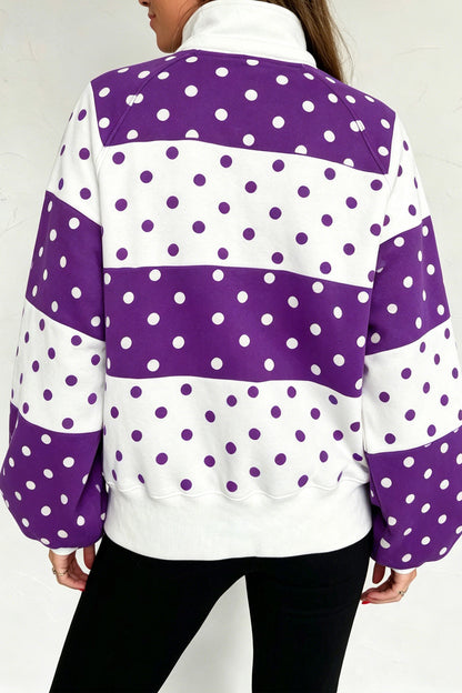 Red Polka Dot Colorblock Half Zip Puff Sleeve Pullover Sweatshirt