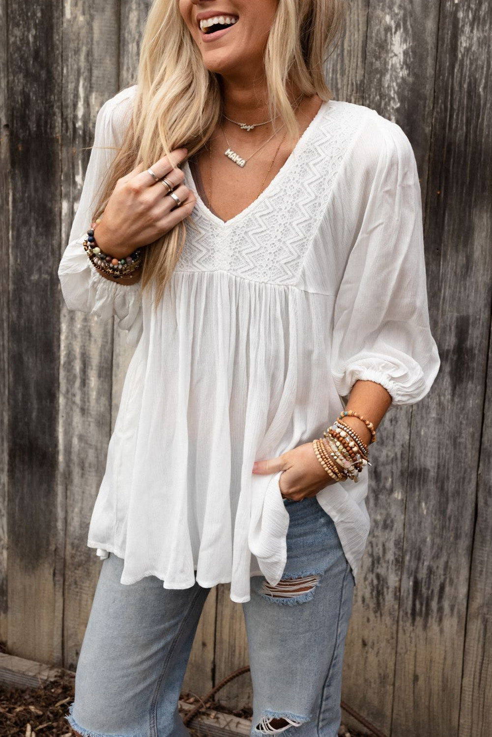 Lace V-Neck Bracelet Sleeve Ruffle Blouse