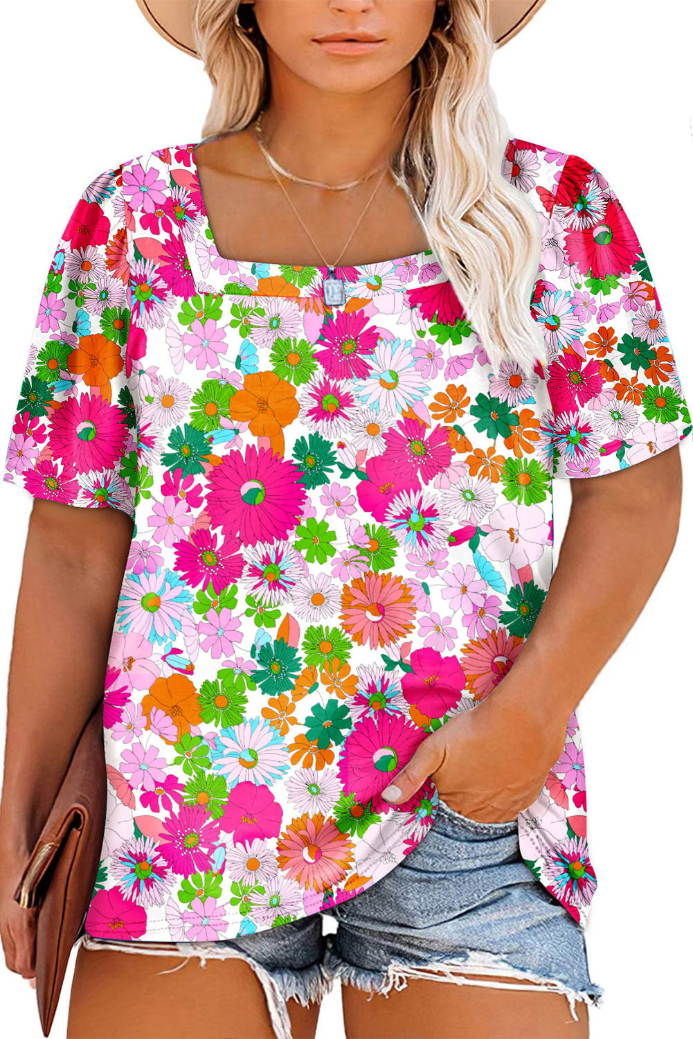 Multicolor Plus Size Square Neck Ruched Shoulder Short Sleeve Top