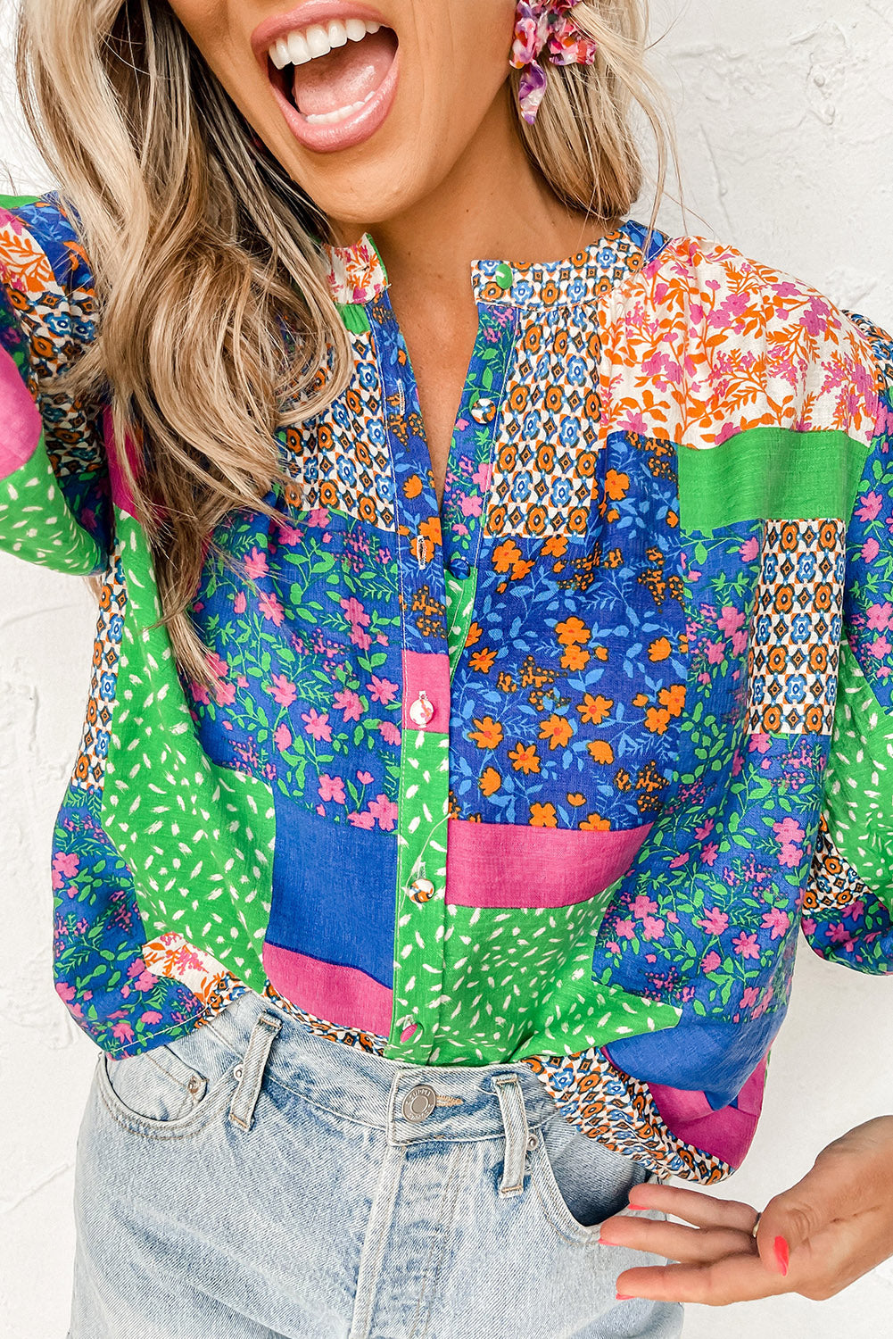 Multicolor Floral Patchwork Print Buttoned Puff Sleeve Shirt