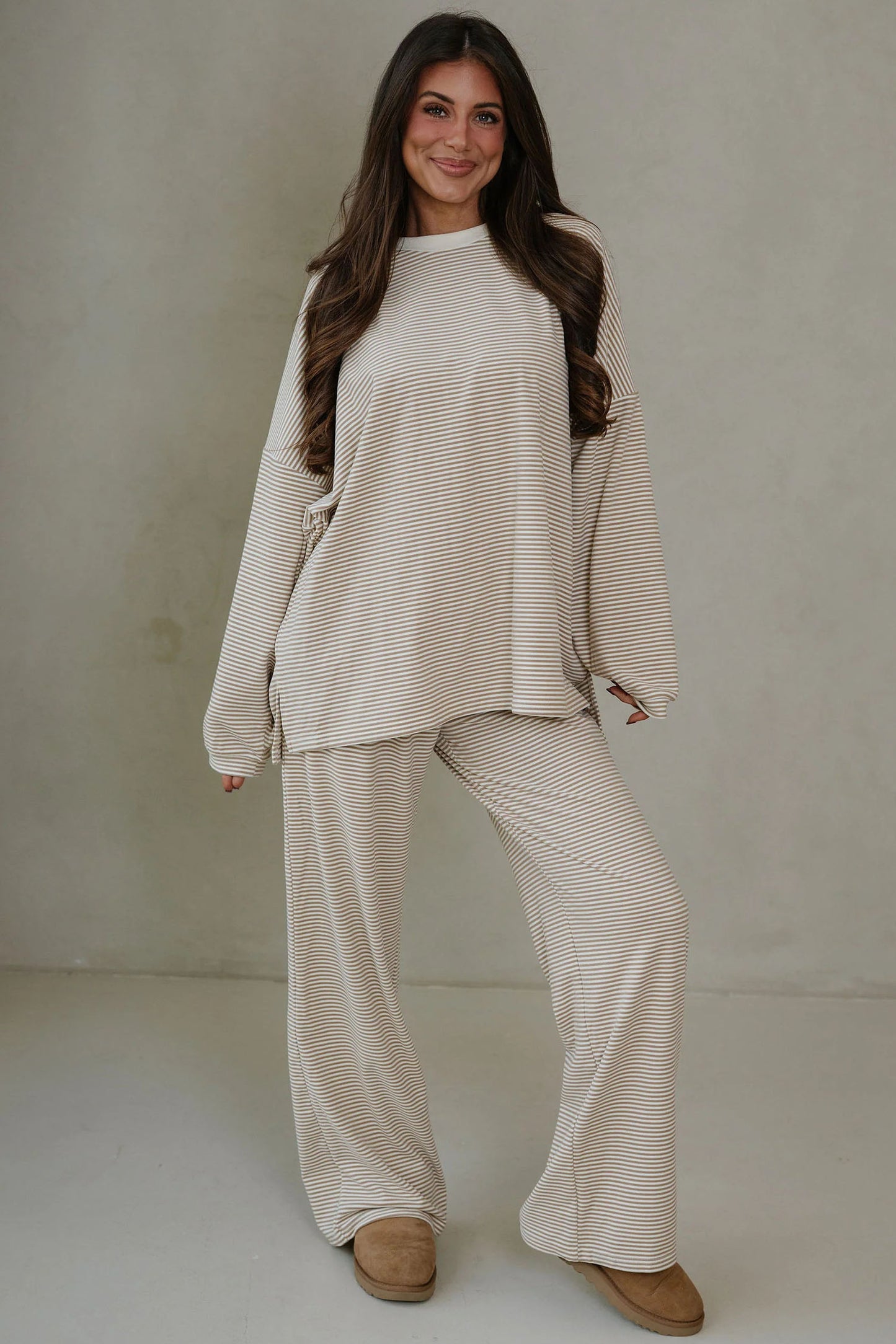 Pink Striped Drop Shoulder Long Sleeve Pant Set