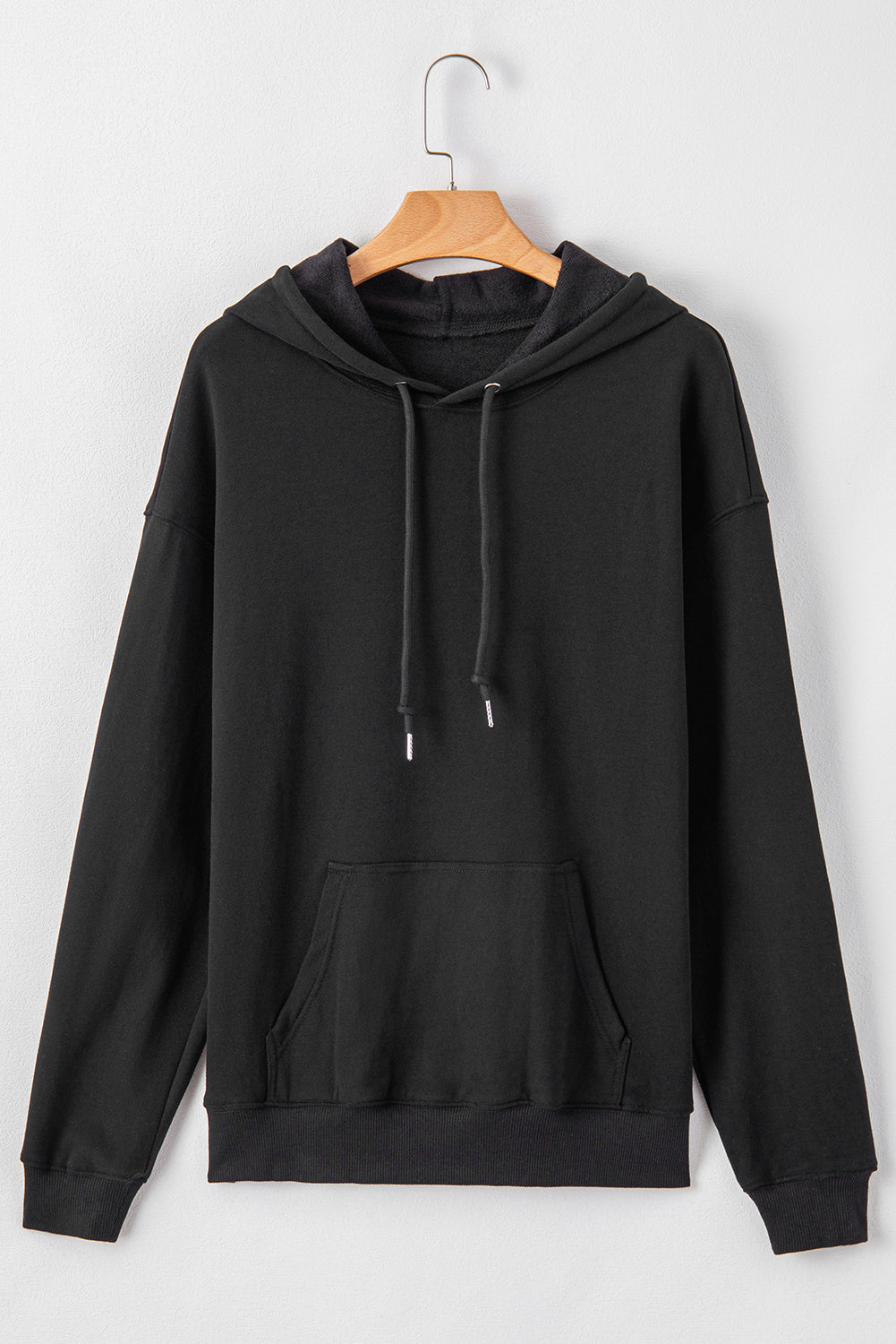 Black Fleece Lined Kangaroo Pocket Drawstring Chunky Hoodie