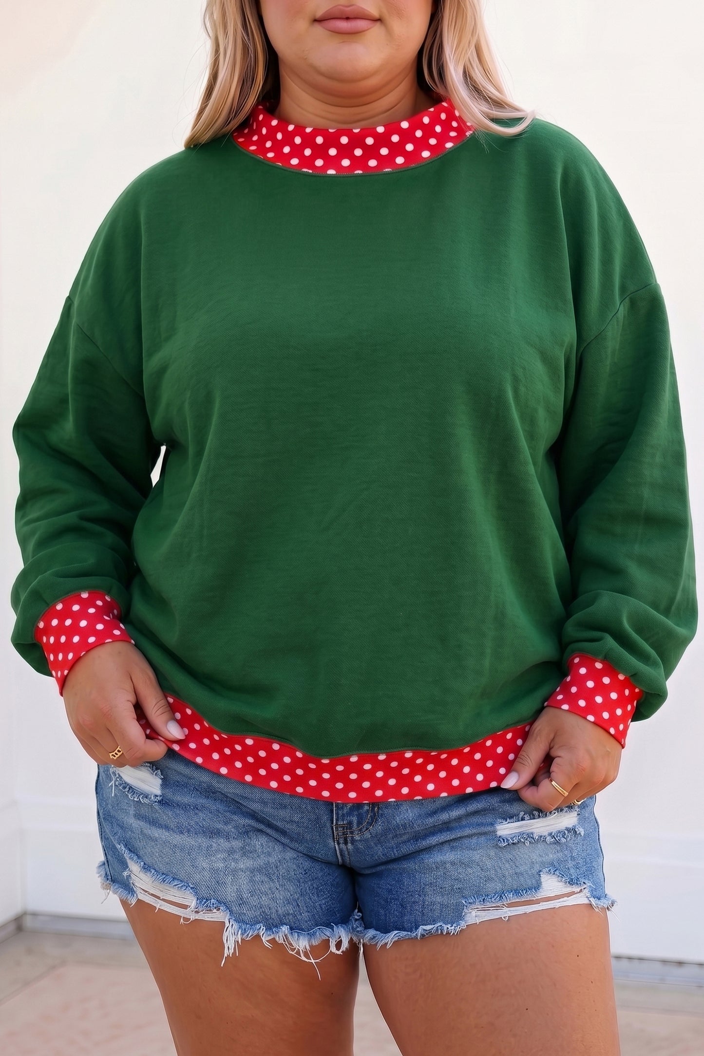Dirty blue Polka Dot Patchwork Round Neck Plus Size Sweatshirt