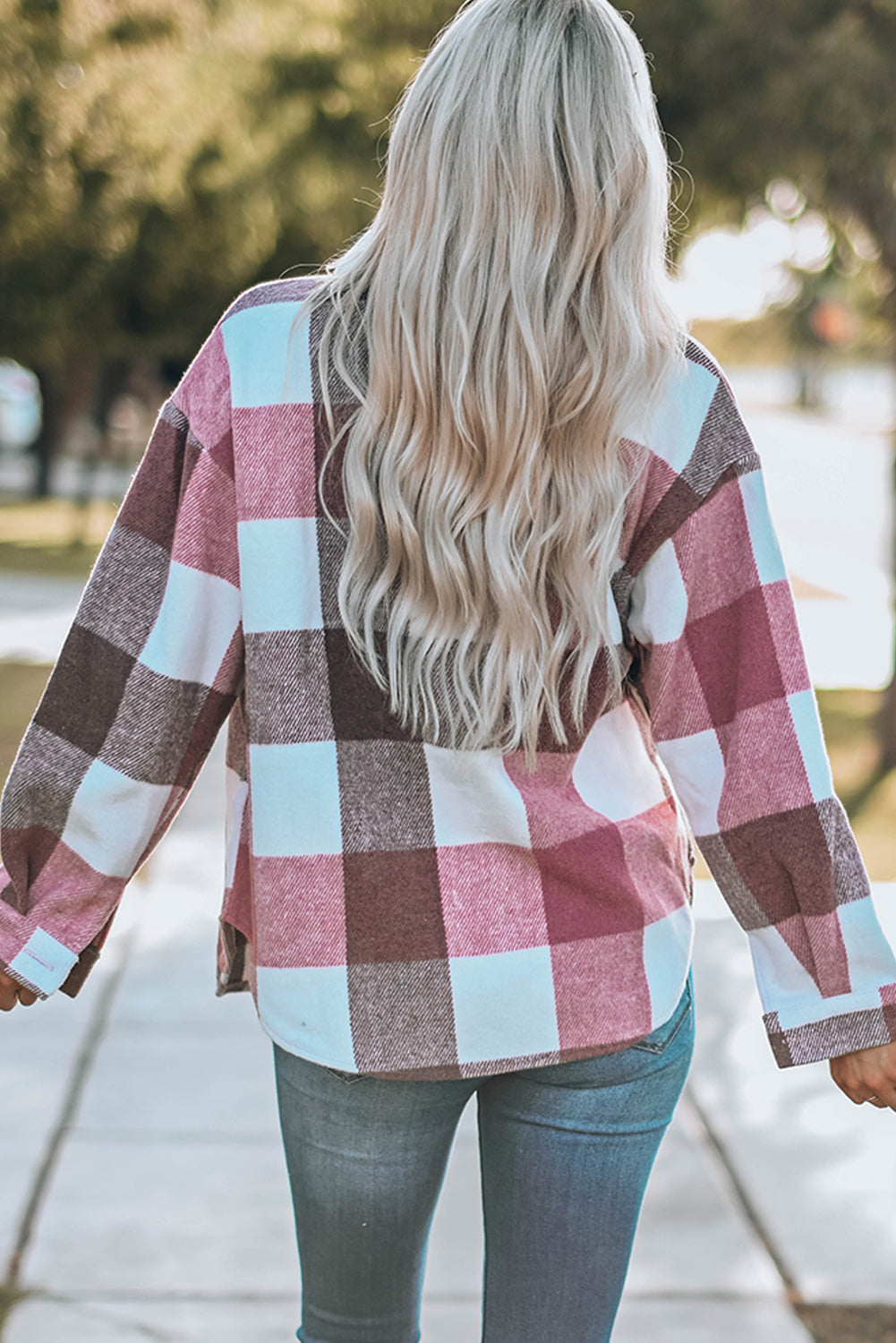 Khaki Plaid Color Block Buttoned Long Sleeve Jacket with Pocket