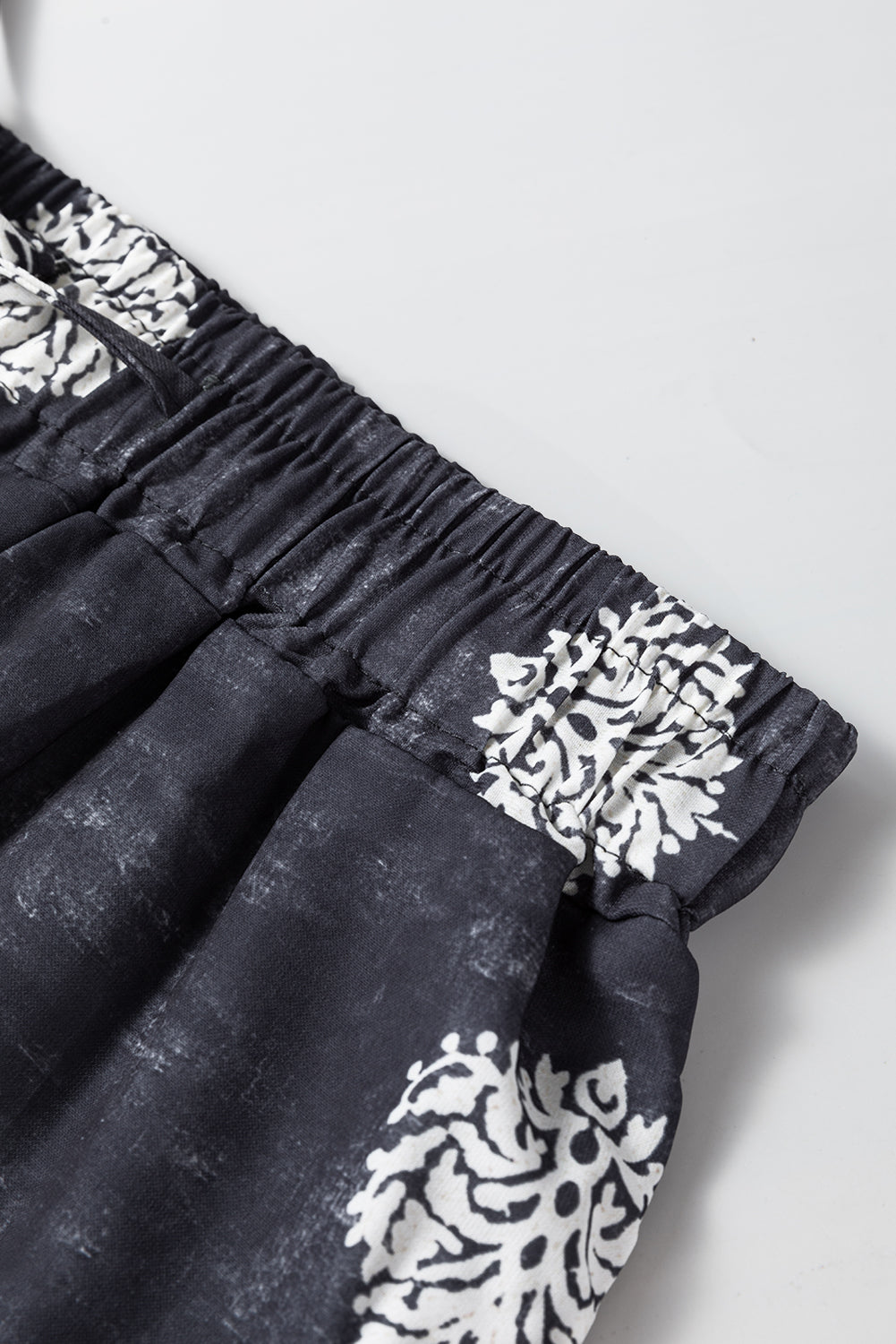 Black Bohemian Printed Drawstring Waist Wide Leg Pants