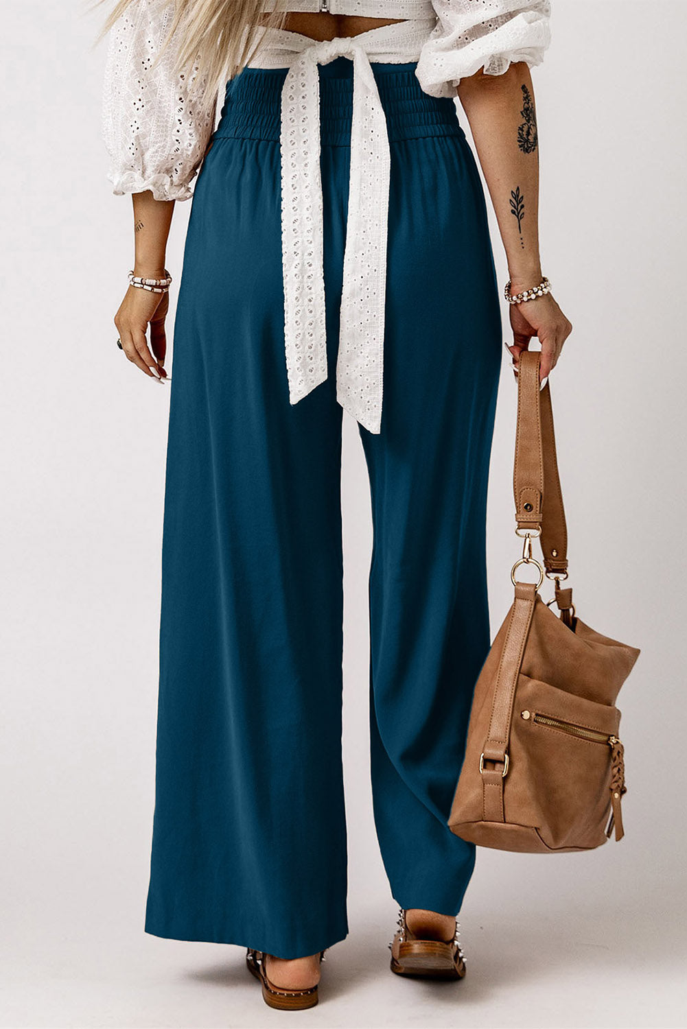 Casual Drawstring Shirred Elastic Waist Wide Leg Pants