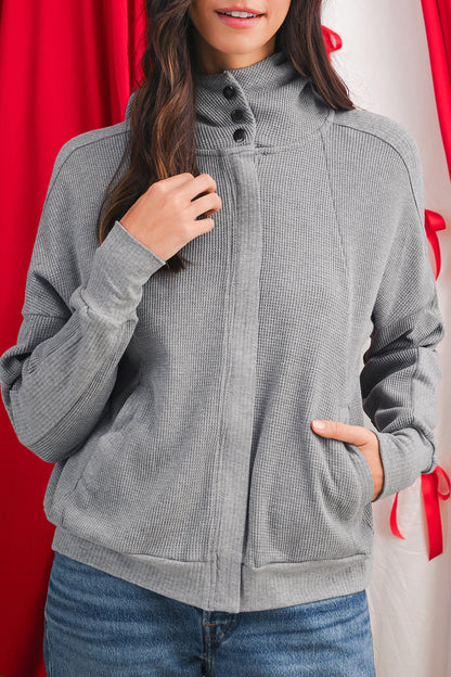Burgundy Waffle Splicing Zip Up Front Button Hooded Jacket