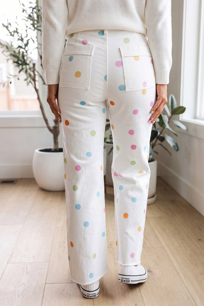 White High Waist Polka Dot Straight Leg Casual Jeans