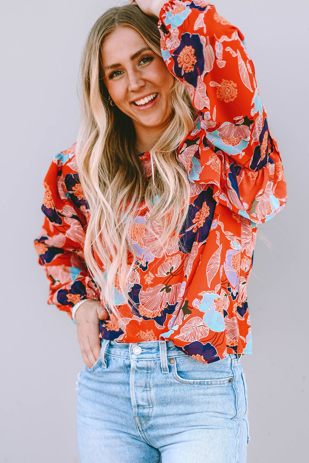 Ginger Floral Print Ruffle Puff Sleeve Blouse