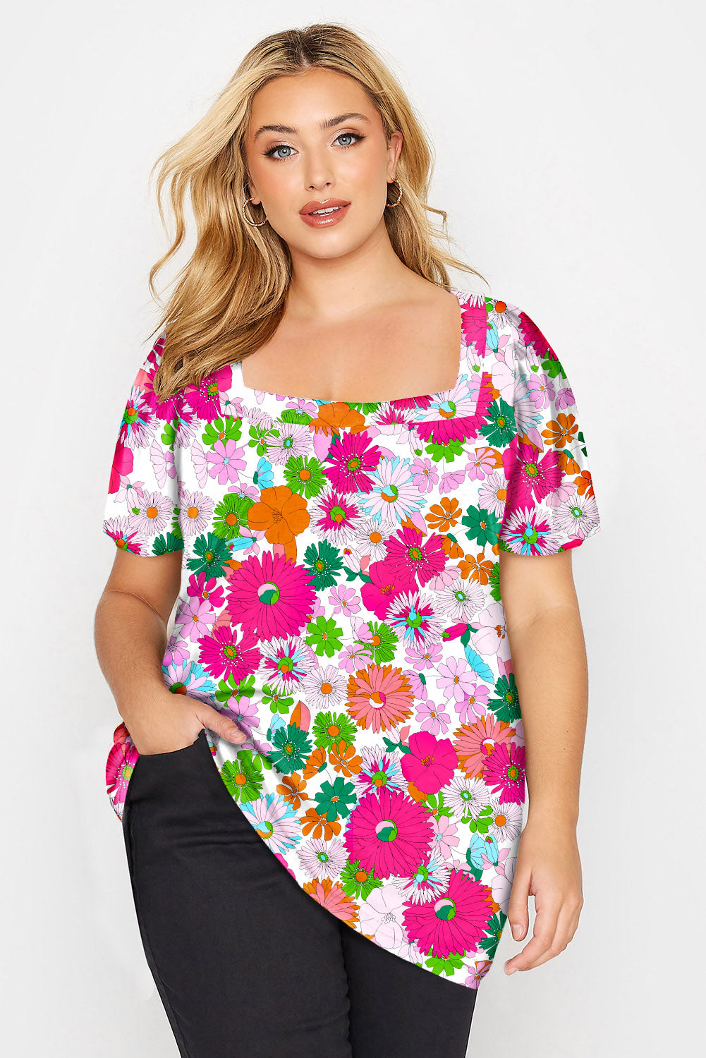 Multicolor Plus Size Square Neck Ruched Shoulder Short Sleeve Top