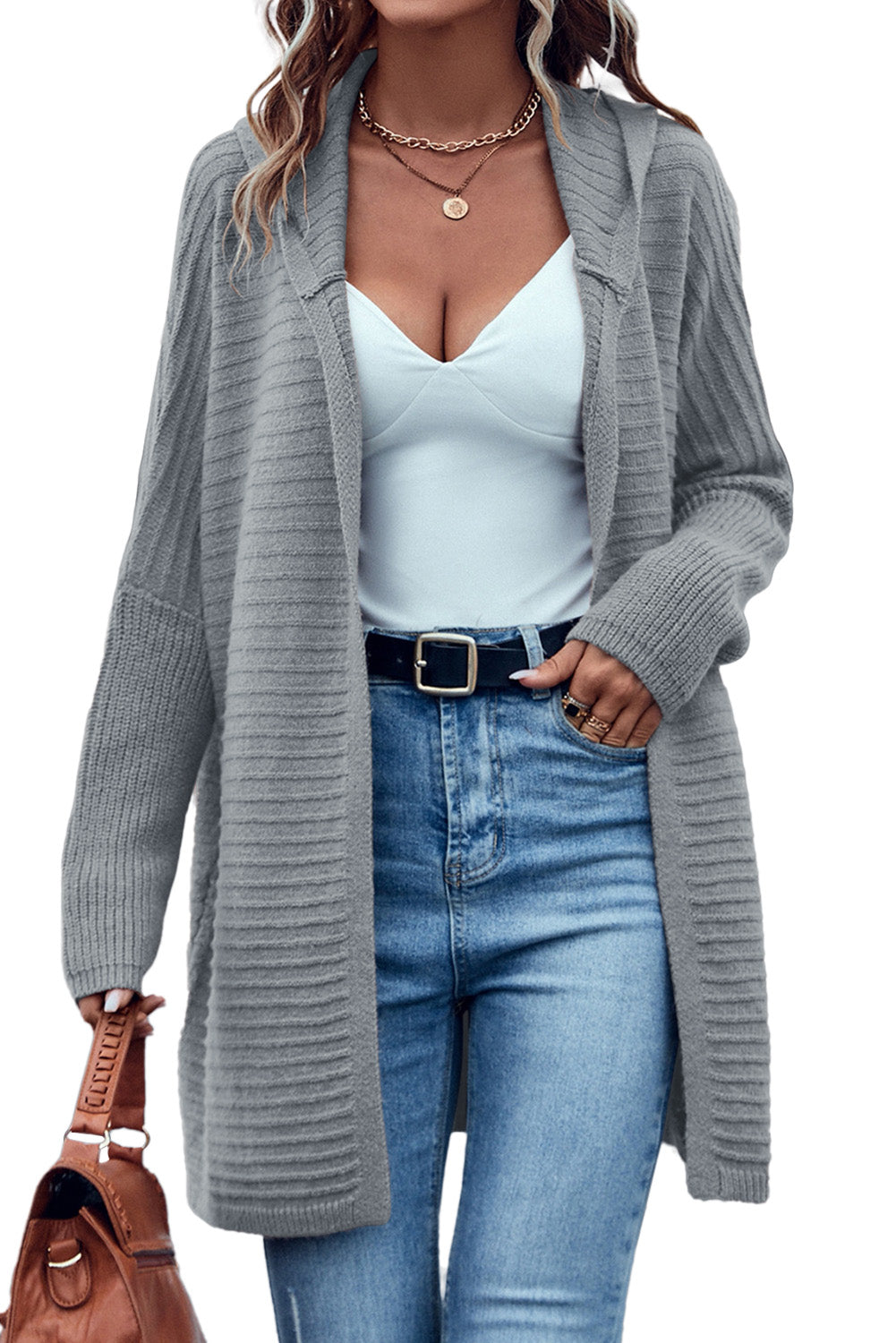 Gray Horizontal Rib Knitted Open Front Hooded Cardigan