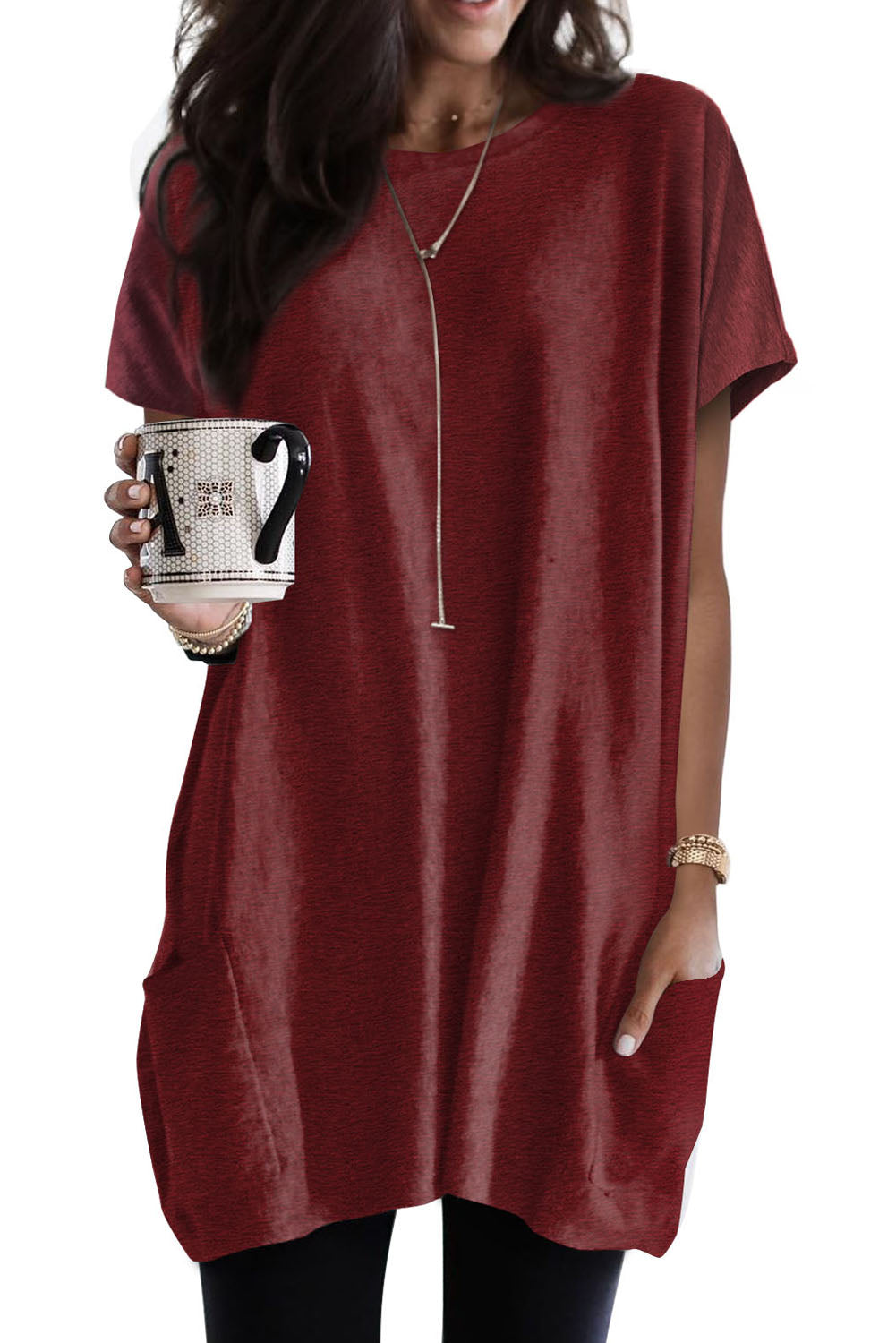 Side Pockets Short Sleeve Tunic Top