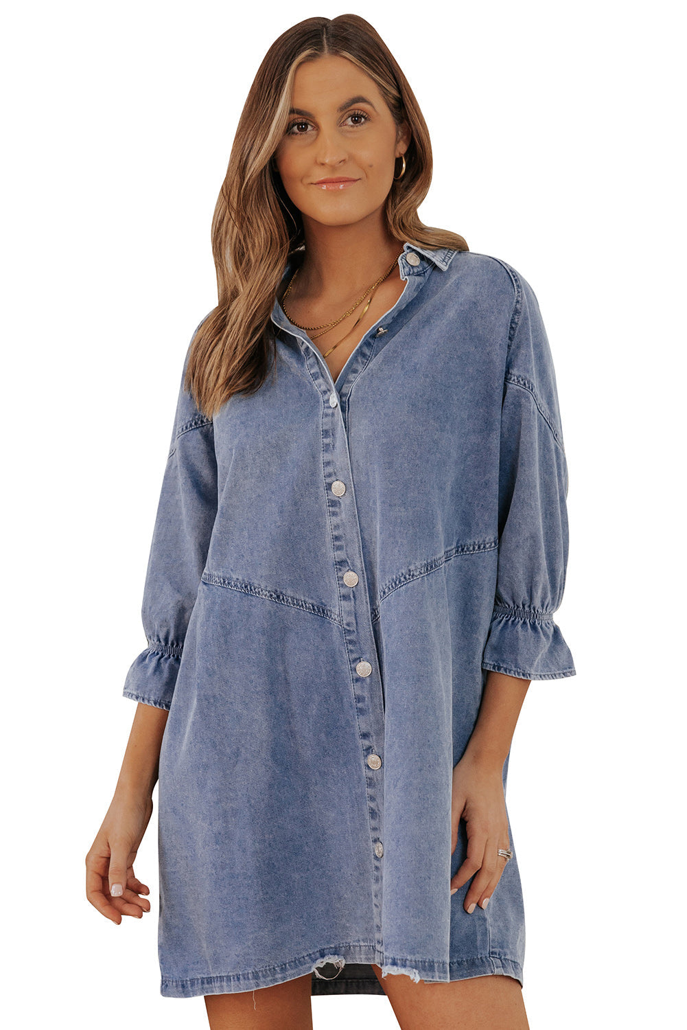 Light Blue Ruffled 3/4 Sleeve Buttoned Front Plus Size Denim Dress