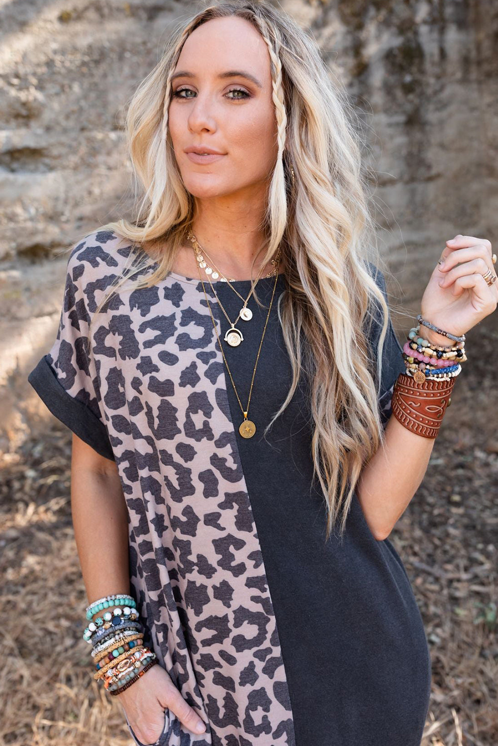 Black Half Leopard Patchwork Plus Size T-shirt