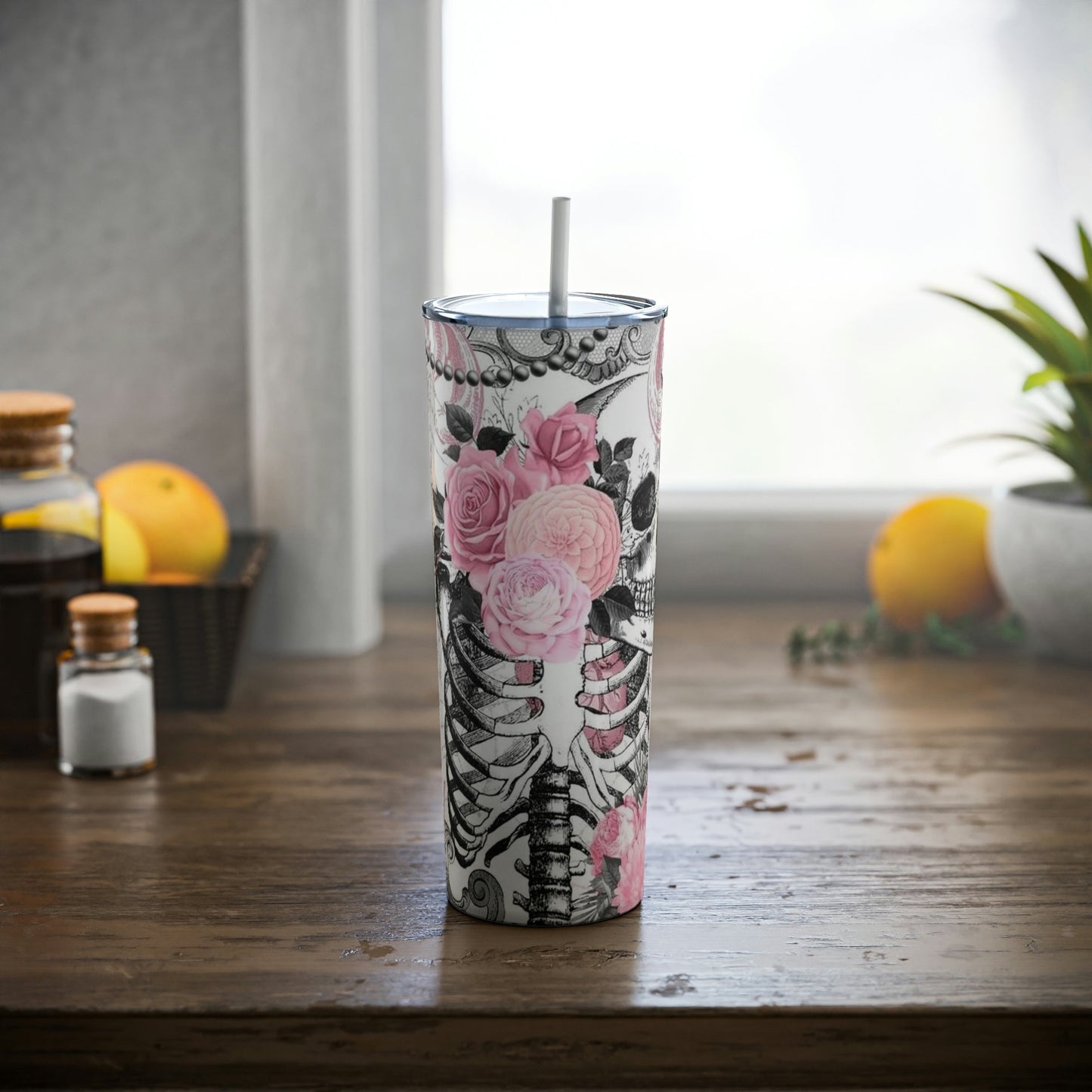 Floral Skellie- Skinny Tumbler