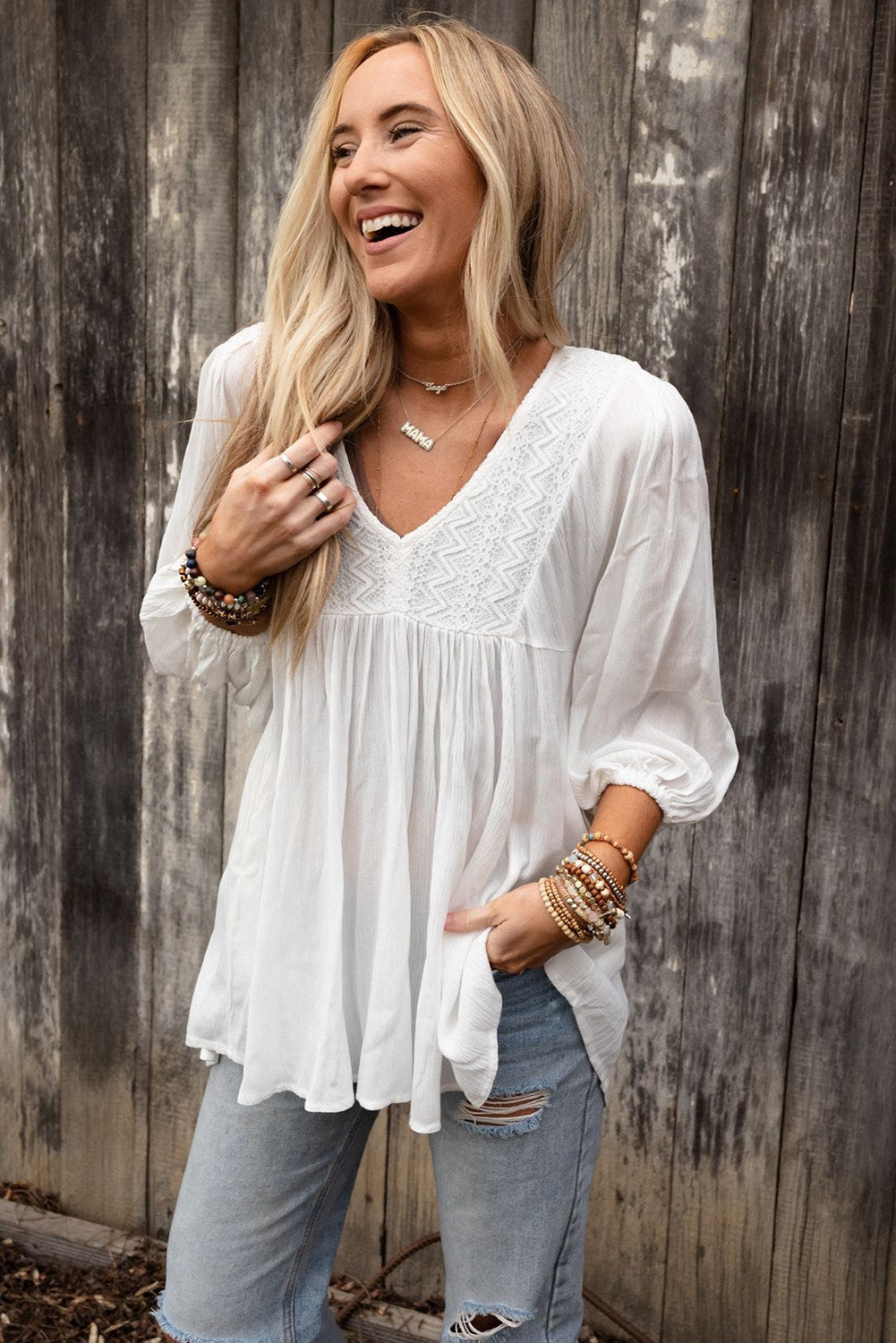 Lace V-Neck Bracelet Sleeve Ruffle Blouse