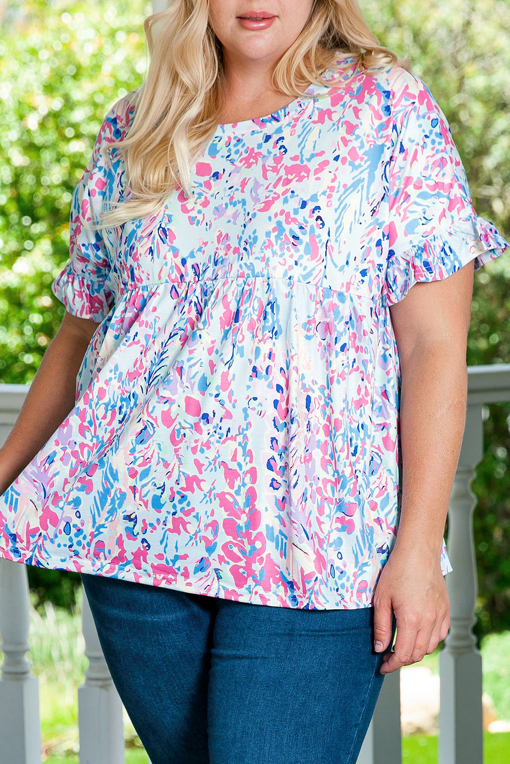 Multicolor Plus Size Floral Print Round Neck Long Sleeve Blouse