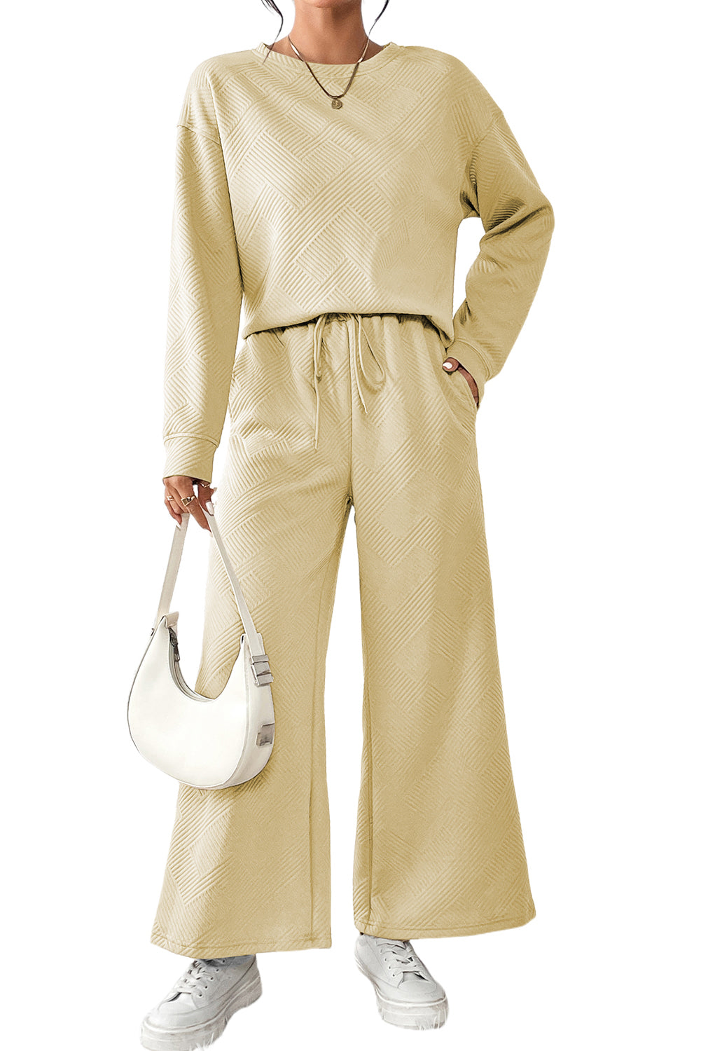 Light Grey Plus Size Textured Casual Two-Piece Pants Set