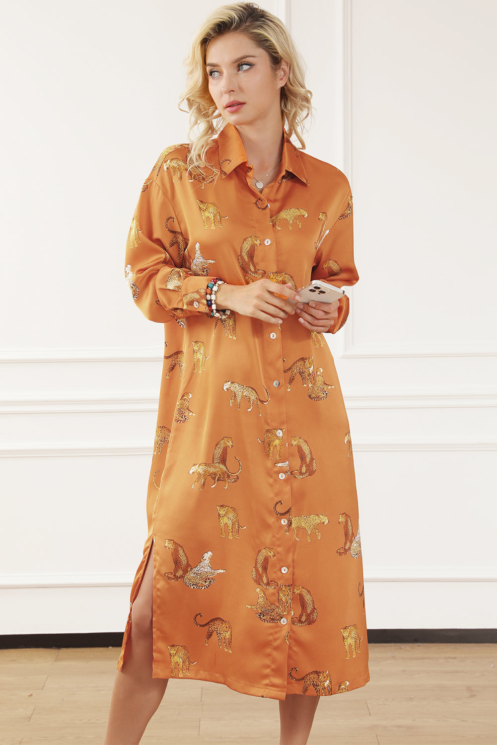 Russet Orange Cheetah Animal Print Button Up Satin Shirt