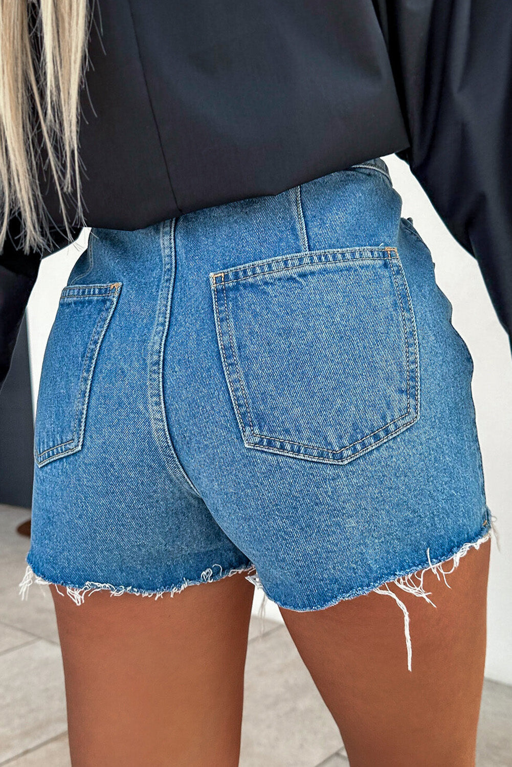 Button Wrap Over Raw Hem Denim Shorts