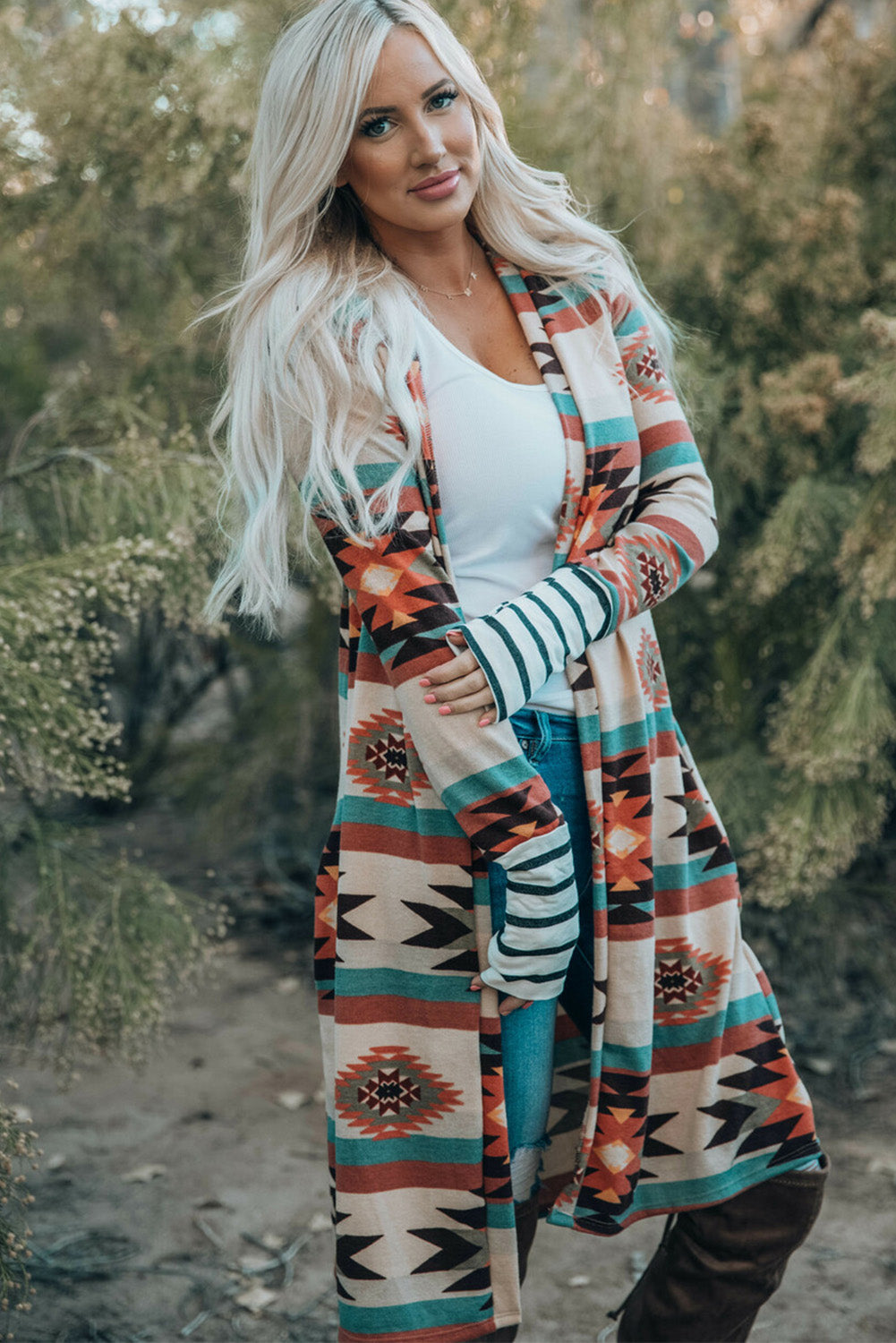 Multicolor Plus Size Geometric Print Open Front Long Cardigan