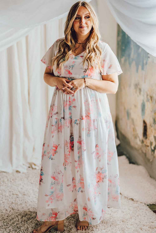 Floral Print Lace-up High Waist Plus Size Maxi Dress