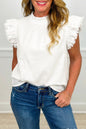 White Frilled Collar Flutter Sleeve Denim Top