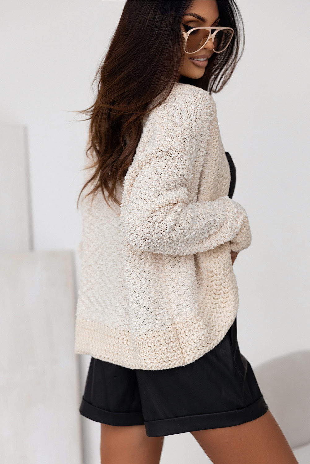 Black Popcorn Knit Open Front Cardigan