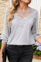 Gray Solid Lace Applique Round Neck Long Sleeve Top