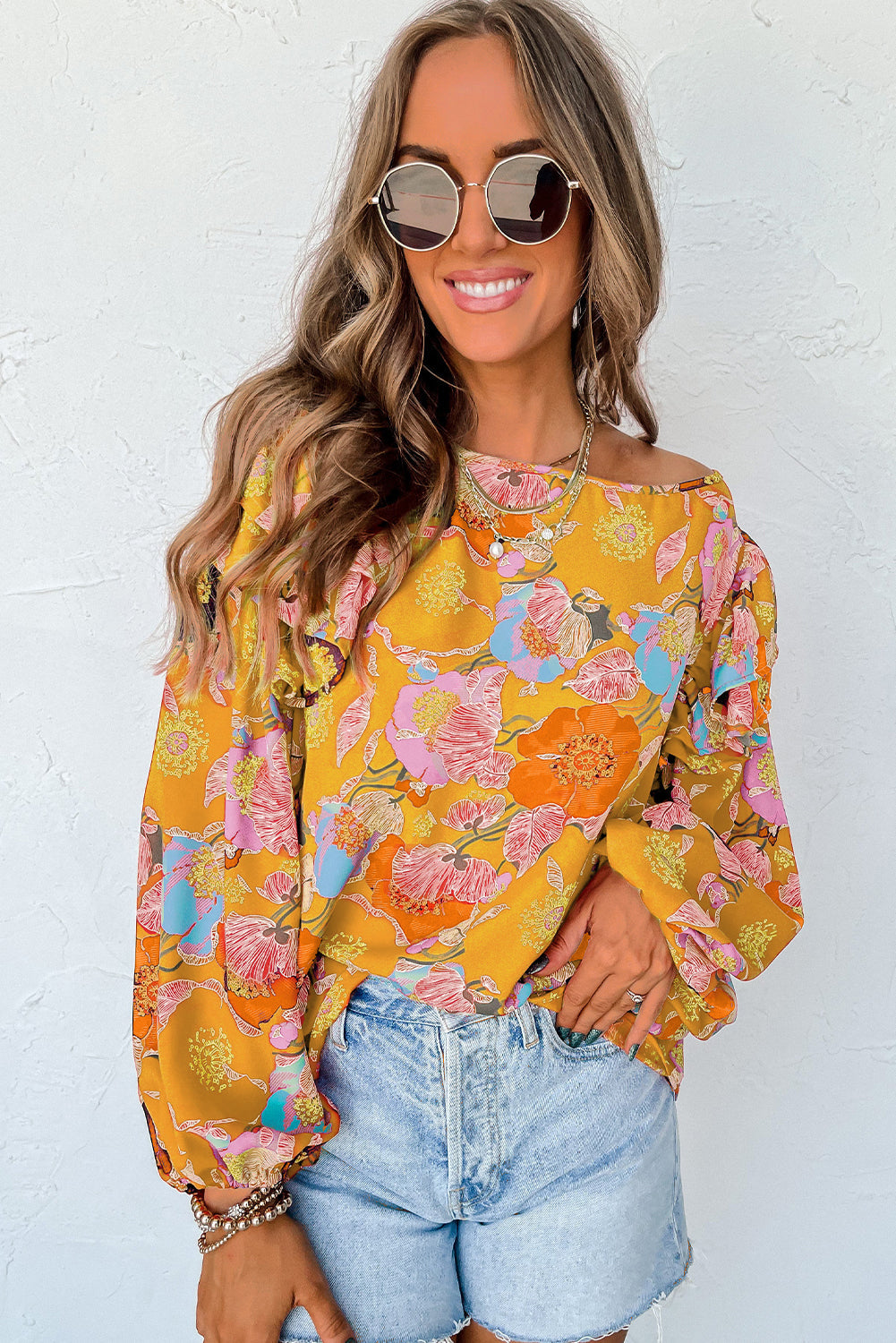 Ginger Floral Print Ruffle Puff Sleeve Blouse