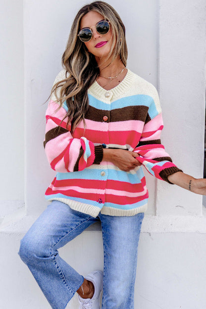 Pink Stripe Striped Colorblock Drop Shoulder Cardigan
