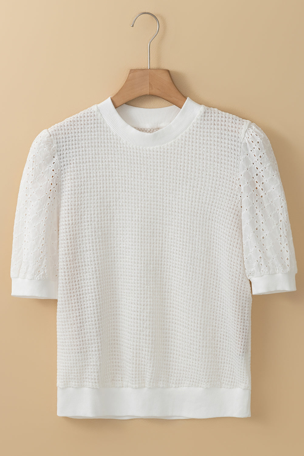 White Broderie Anglaise Puff Sleeve Waffle Knit Tee