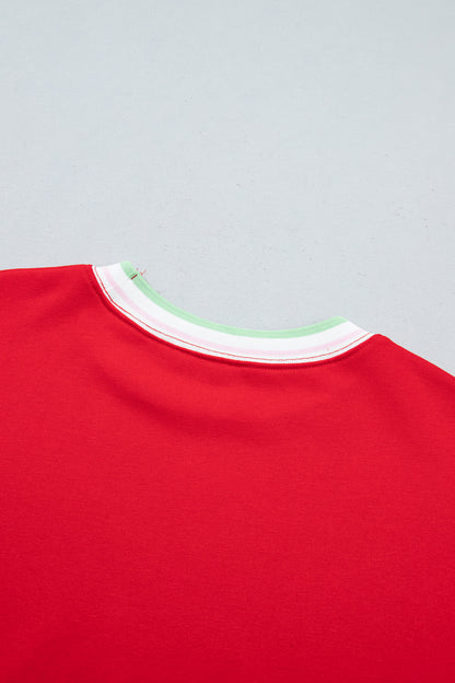 Bright Green Contrast Striped Trim Baggy Pullover Sweatshirt