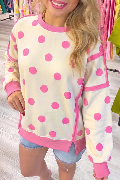 Black Polka Dot Contrast Patchwork Round Neck Baggy Sweatshirt