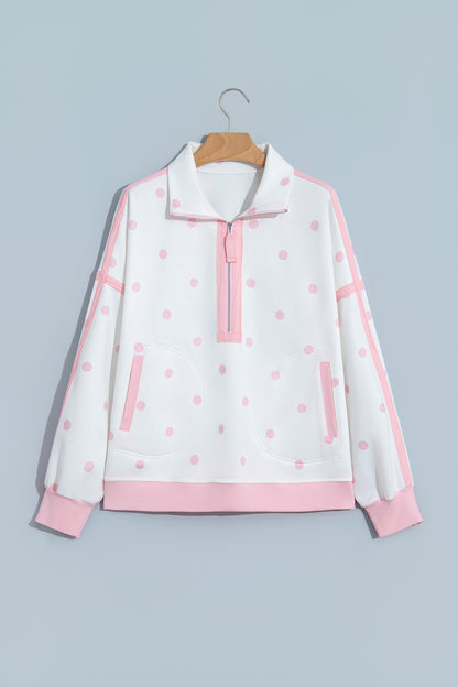 Pink Polka Dot Half Zip Drop Shoulder Relaxed Sweatshirt