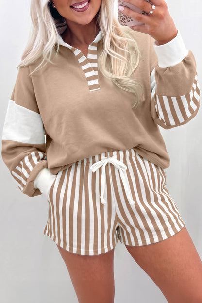 Smoke Green Striped Color Block Pullover Top Drawstring Shorts Set