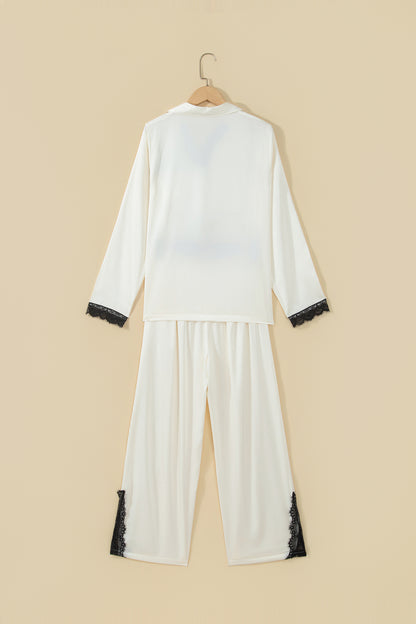 White Long Sleeve Lace Trim Button Front 2pcs Pajama Set