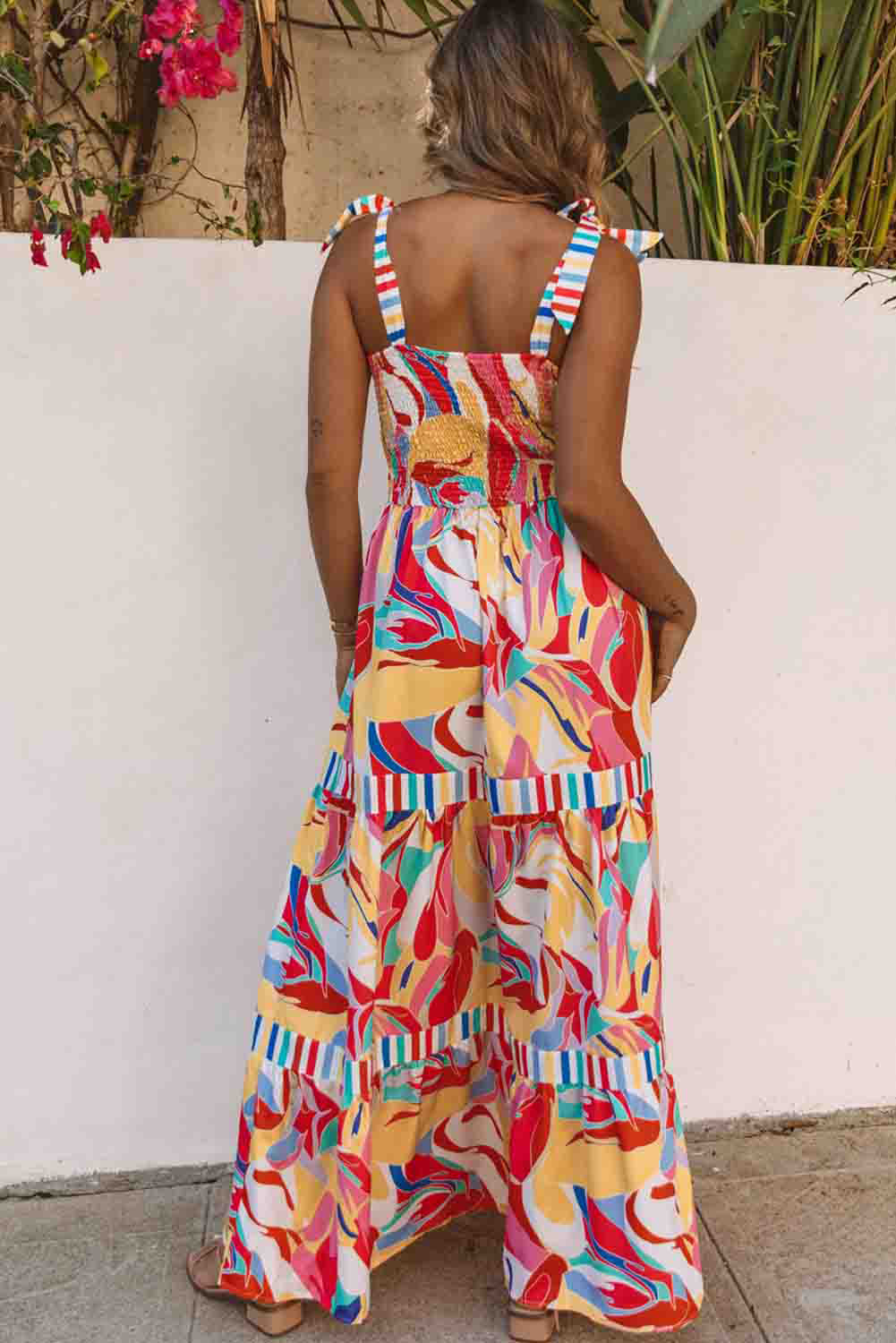 Multicolor Abstract Print Striped Trim Maxi Sundress