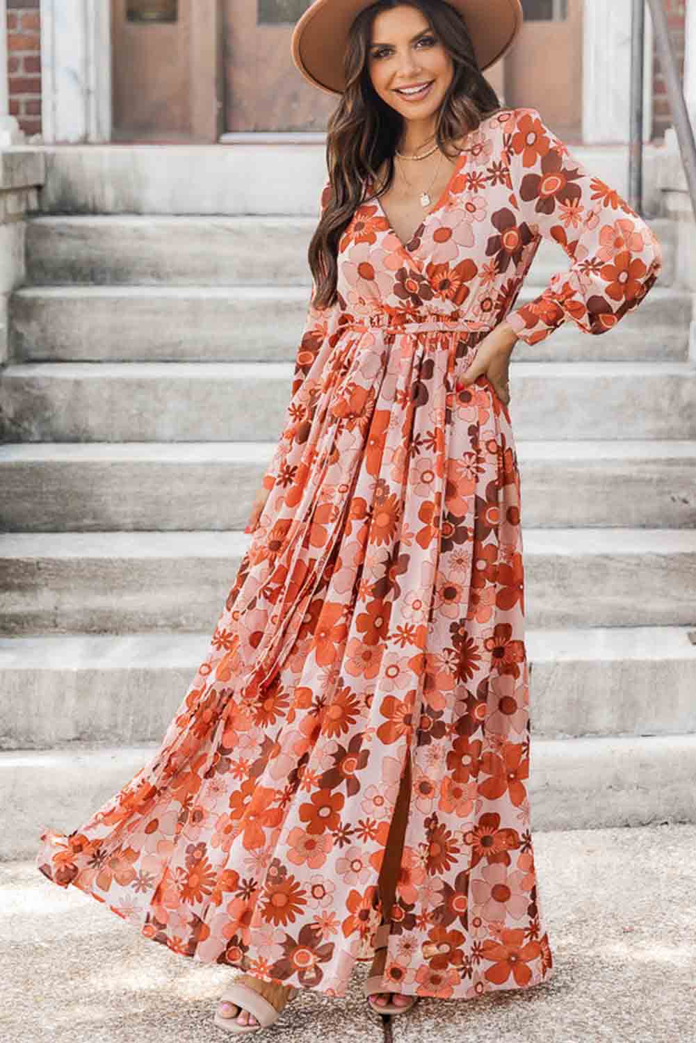 Floral V-Neck Long Sleeve Belted Maxi Dress