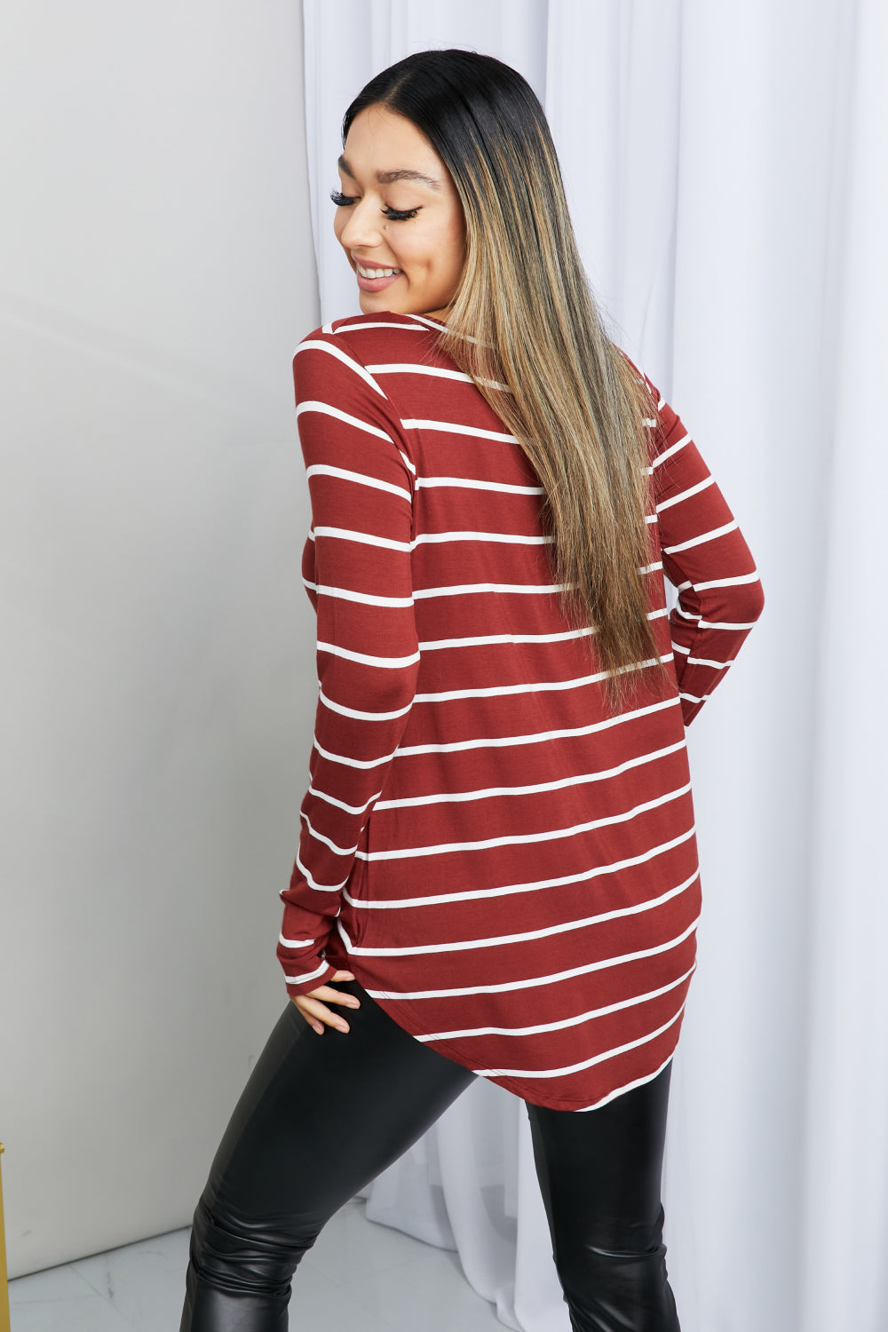 Zenana Full Size Striped V-Neck Long Sleeve Top in Dark Burgundy/Ivory