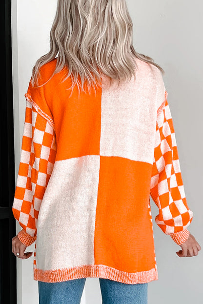 Orange Checkered Bubble Sleeve Plus Size Drop Shoulder Knit Cardigan