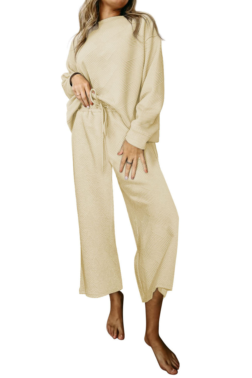 Light Grey Plus Size Textured Casual Two-Piece Pants Set