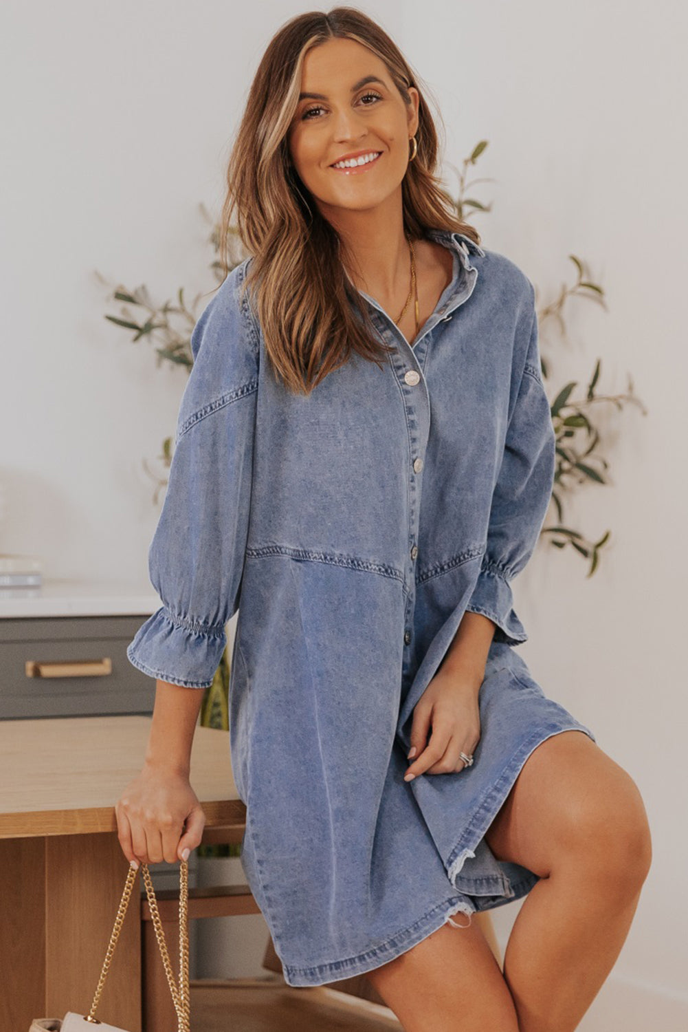 Light Blue Ruffled 3/4 Sleeve Buttoned Front Plus Size Denim Dress