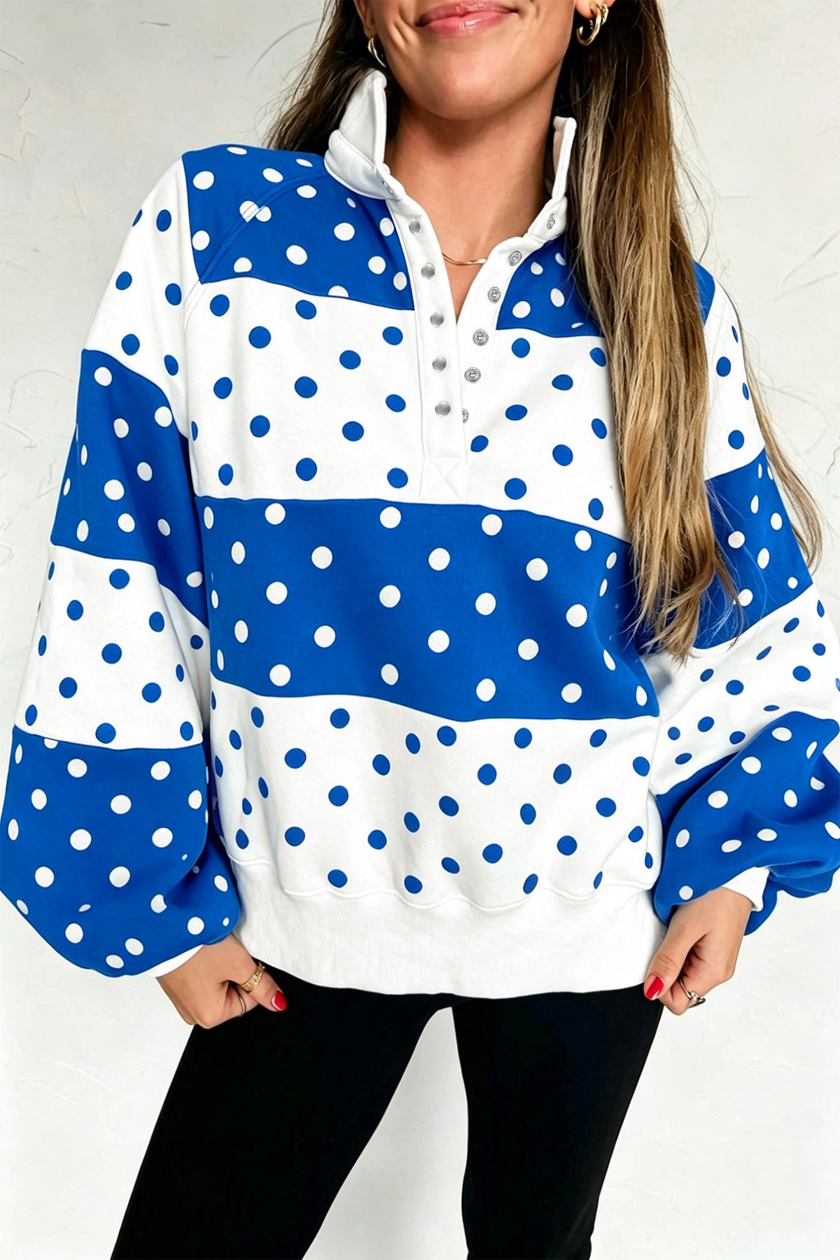 Red Polka Dot Colorblock Half Zip Puff Sleeve Pullover Sweatshirt